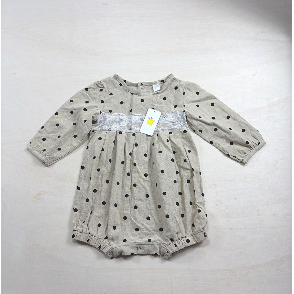 Little Sun Toddler Girls Tan Polka Dot Lace Trim Bubble Romper Size 2T NWT